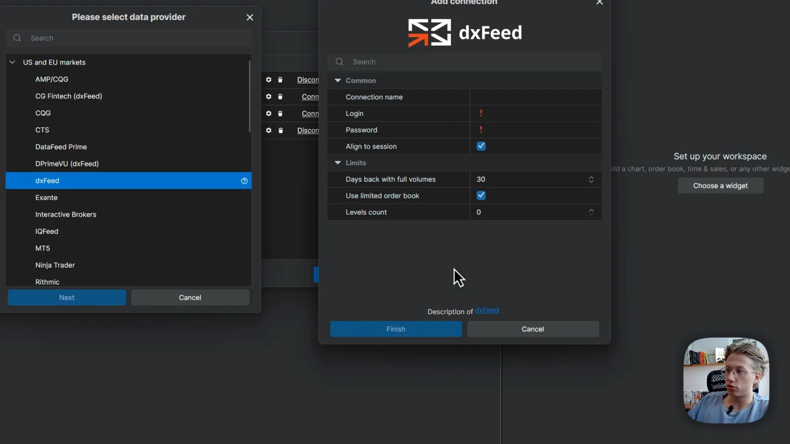 The add connection dialog for dxFeed in ATAS X with connection name, login, password, days back with full volumes and levels count fields