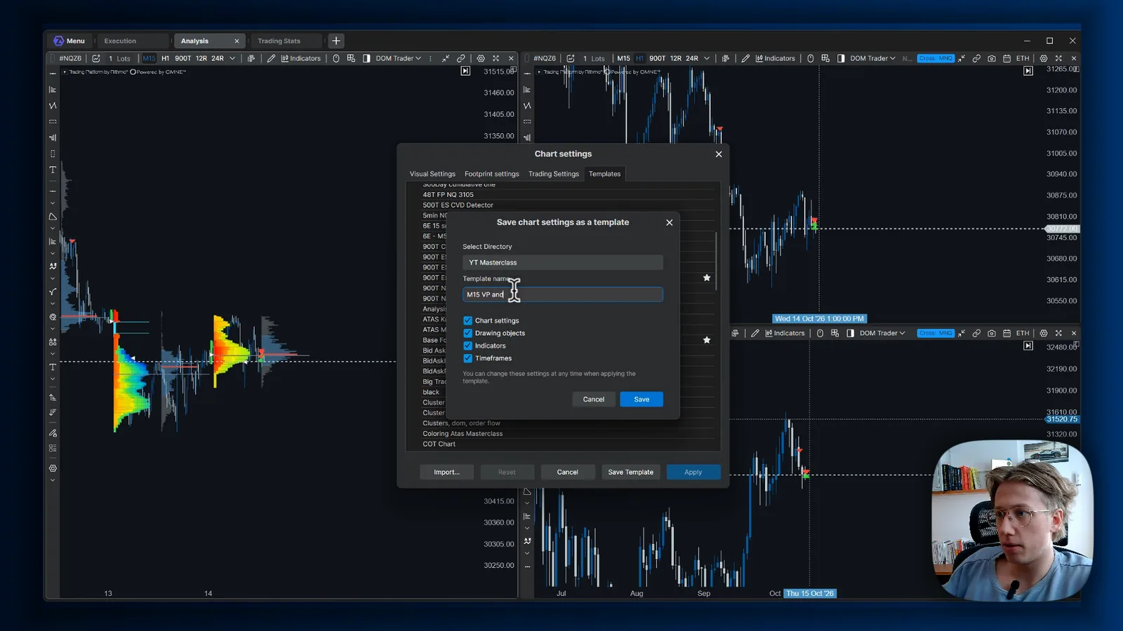 The Analysis tab in ATAS X with a 15-minute chart showing a colored volume profile and TPO, and the save chart settings as a template dialog open