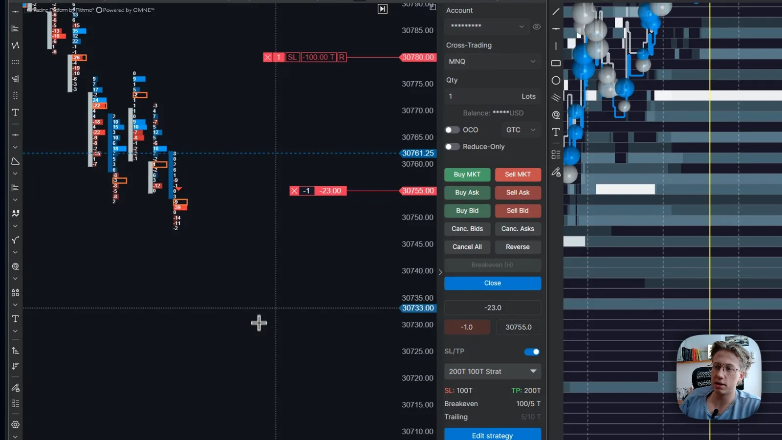 The ATAS X chart trader panel with account, MNQ cross trading, quantity, order buttons, close, SL/TP strategy 200T 100T and breakeven, next to a footprint chart with stop loss and entry lines