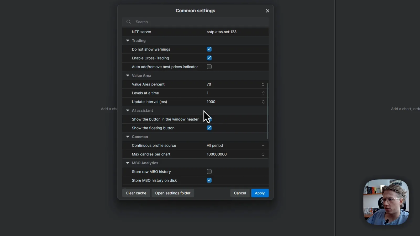 The common settings window in ATAS X showing trading, value area, AI assistant, common and MBO analytics sections