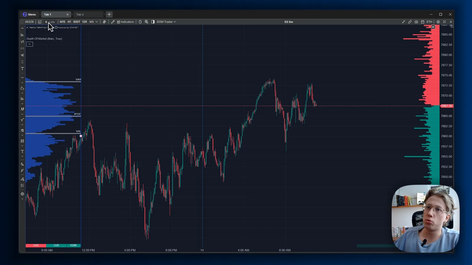 A default ES chart in ATAS X with a volume profile on the left, depth of market on the right and the toolbar with time frames, indicators and DOM Trader