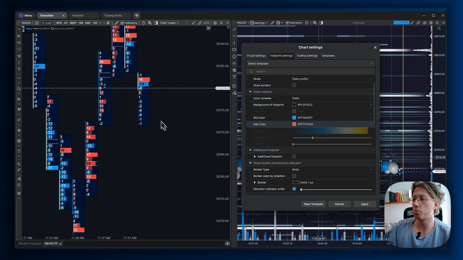 The footprint settings tab in ATAS X with delta profile mode, color scheme delta, bid and ask colors, next to a range footprint chart and the heatmap