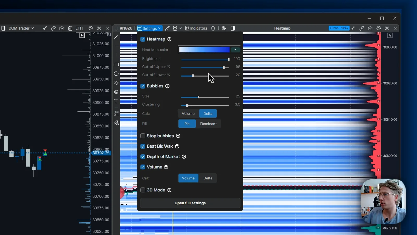 The heatmap quick settings panel in ATAS X with heat map color, brightness, cut-off, bubbles, best bid ask, depth of market and volume options