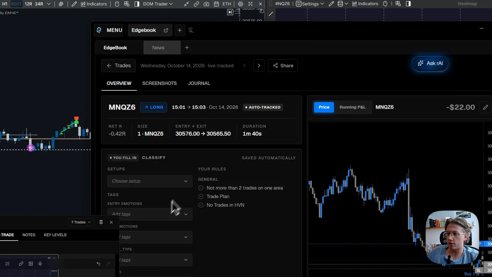 PFT Terminal showing an auto-tracked MNQ long trade with entry, exit, size, duration and net R, a classify section with setups, tags and rules, and a price chart of the trade