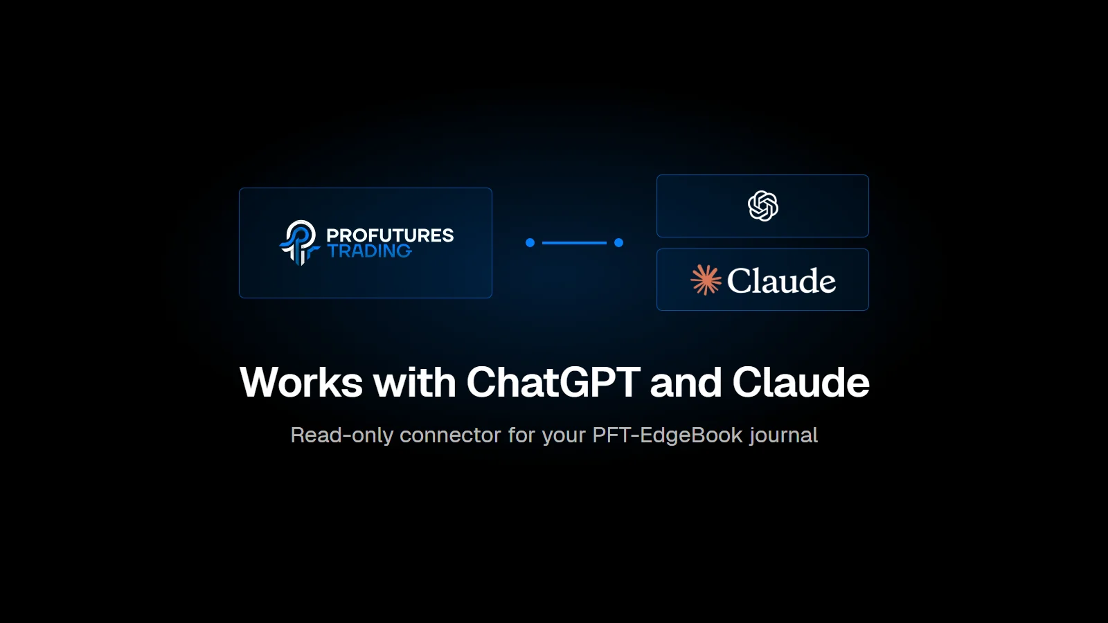 ProFuturesTrading logo connected to the ChatGPT and Claude logos: works with ChatGPT and Claude, read-only connector for your PFT-EdgeBook journal