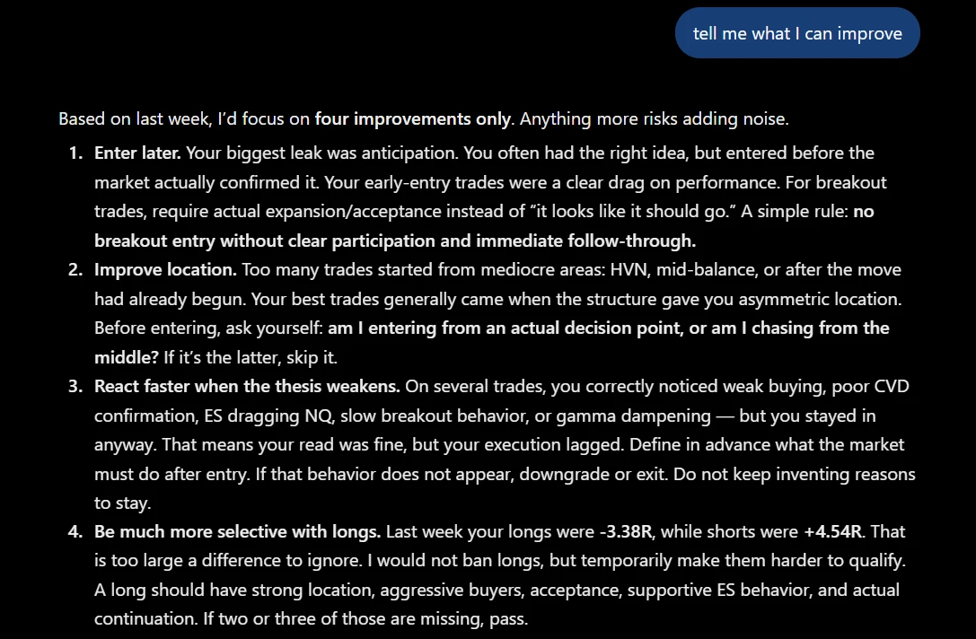 ChatGPT answering "tell me what I can improve" from the author's PFT-EdgeBook journal: four points on entries, location, exits and longs, with longs at -3.38R and shorts at +4.54R last week