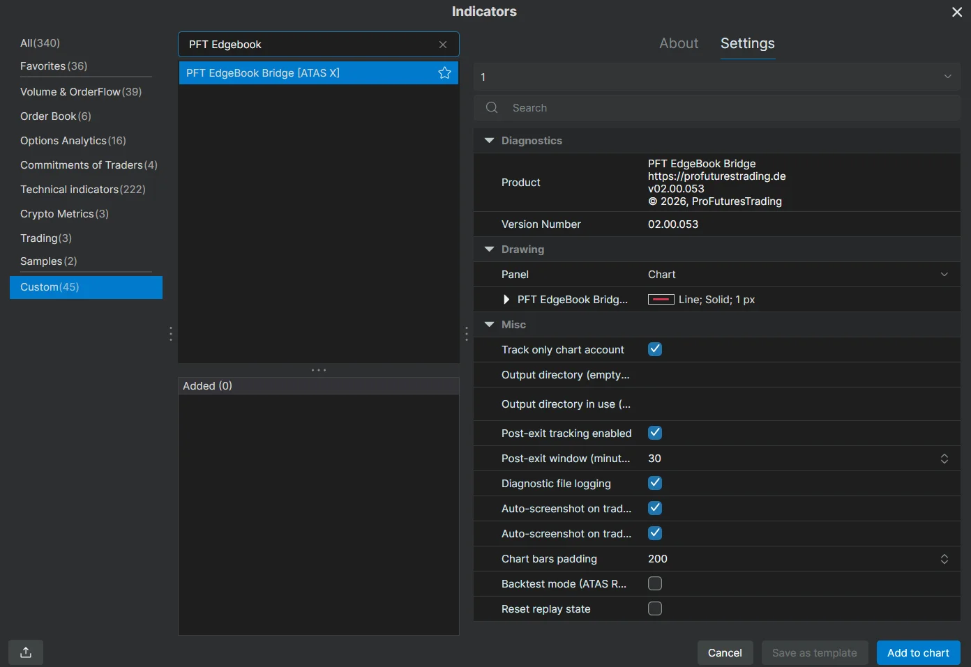 ATAS X indicator window showing the same PFT EdgeBook Bridge module and the same settings as in ATAS Classic.
