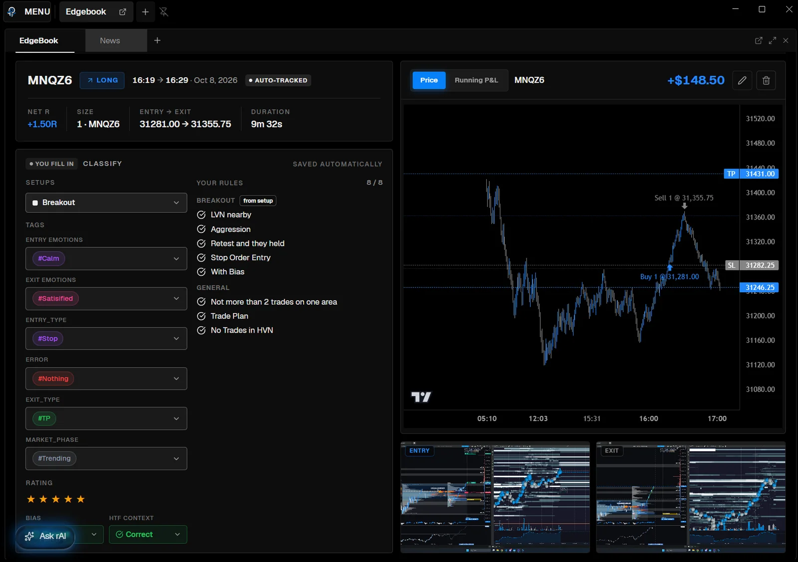 Trade detail in PFT-EdgeBook for an auto-tracked trade: setup, tags and rules on the left, the trade chart with entry, exit, take profit and stop loss on the right, and the entry and exit screenshots below.