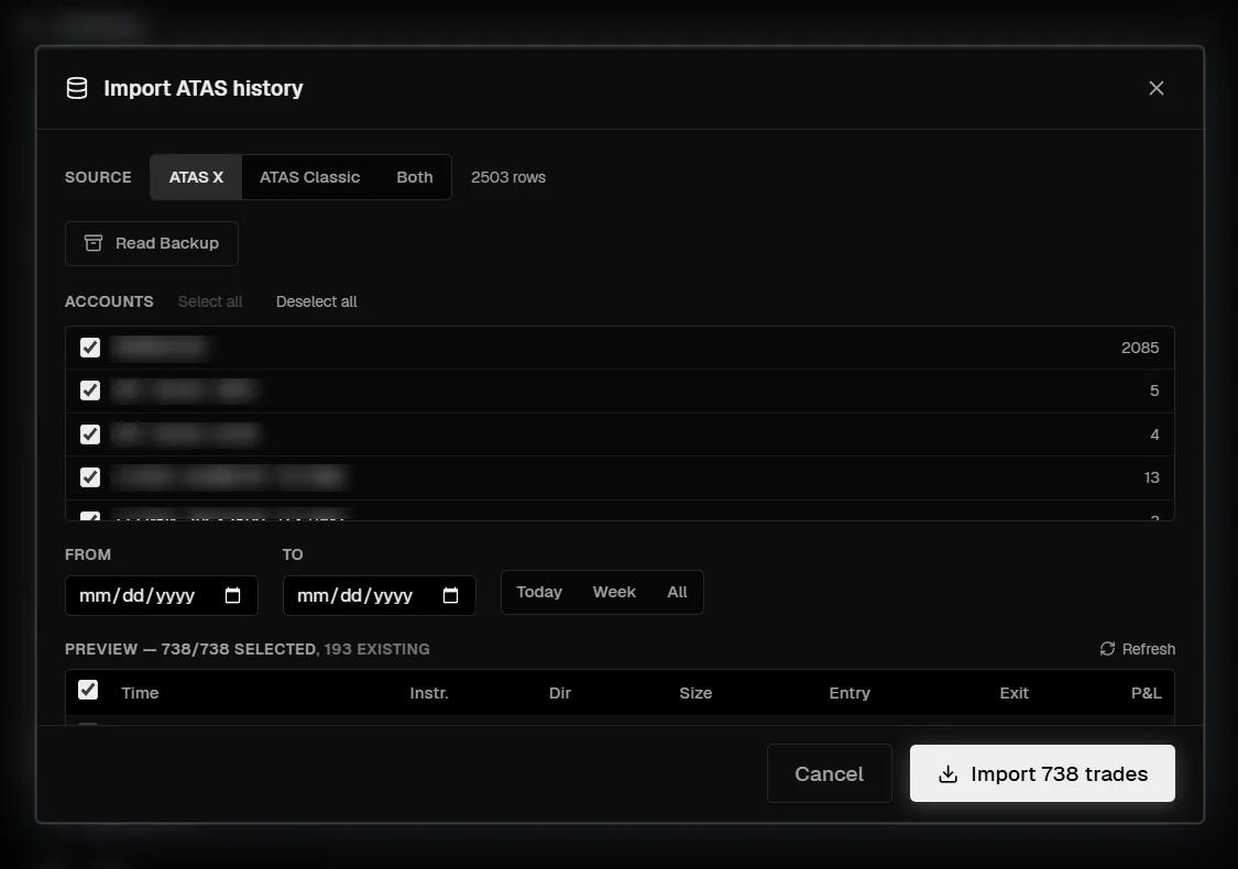 Import ATAS history dialog in PFT-EdgeBook with the source switch for ATAS X, ATAS Classic or both, an account list, a date range and an import button.