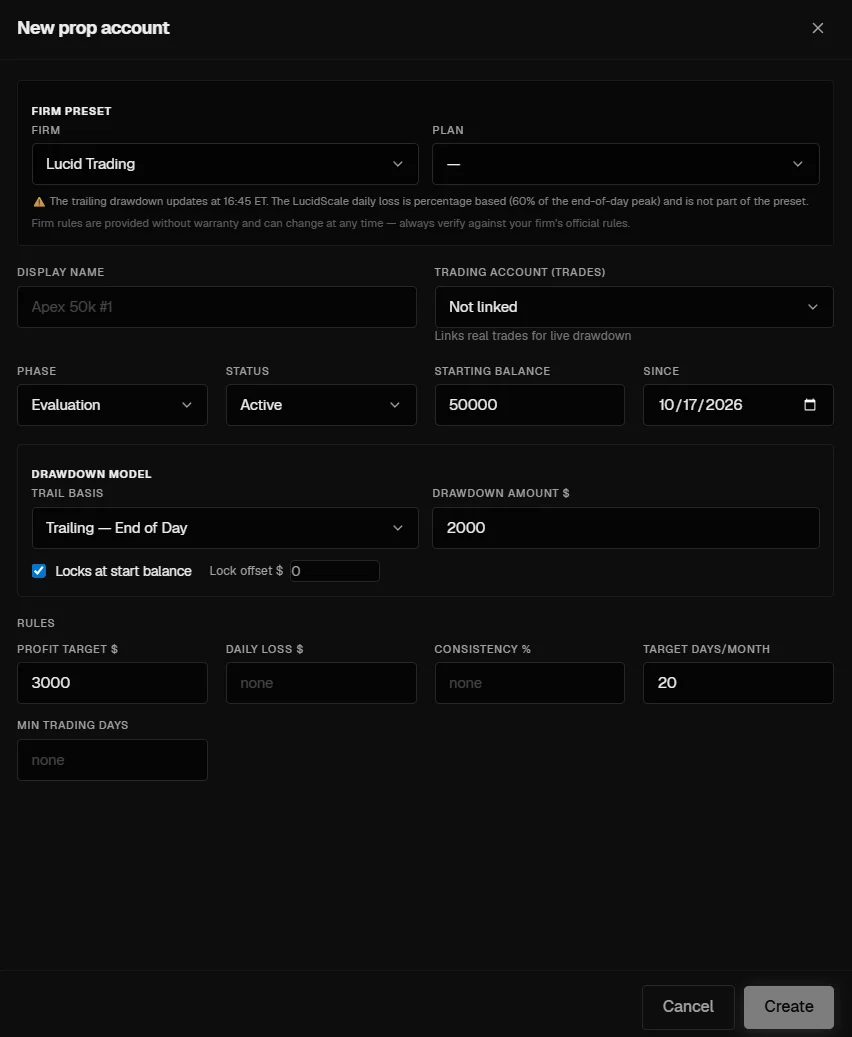 New prop account dialog with a firm preset, plan, linked trading account, phase, starting balance, drawdown model and the rule fields for profit target, daily loss, consistency and trading days.