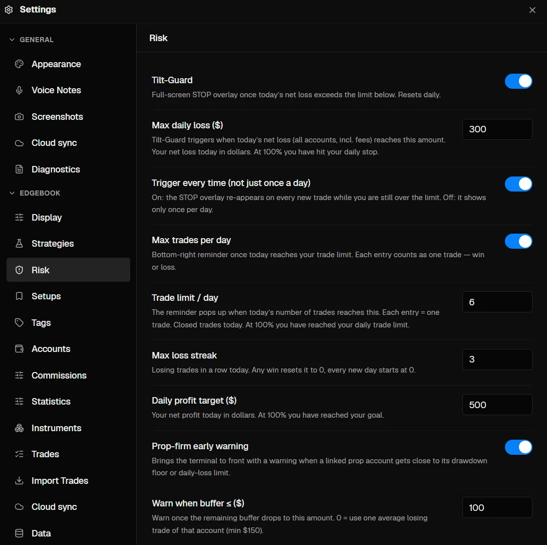 PFT-EdgeBook risk settings: Tilt Guard, maximum daily loss, trigger every time, maximum trades per day, trade limit, maximum loss streak, daily profit target and the prop firm early warning with its buffer.